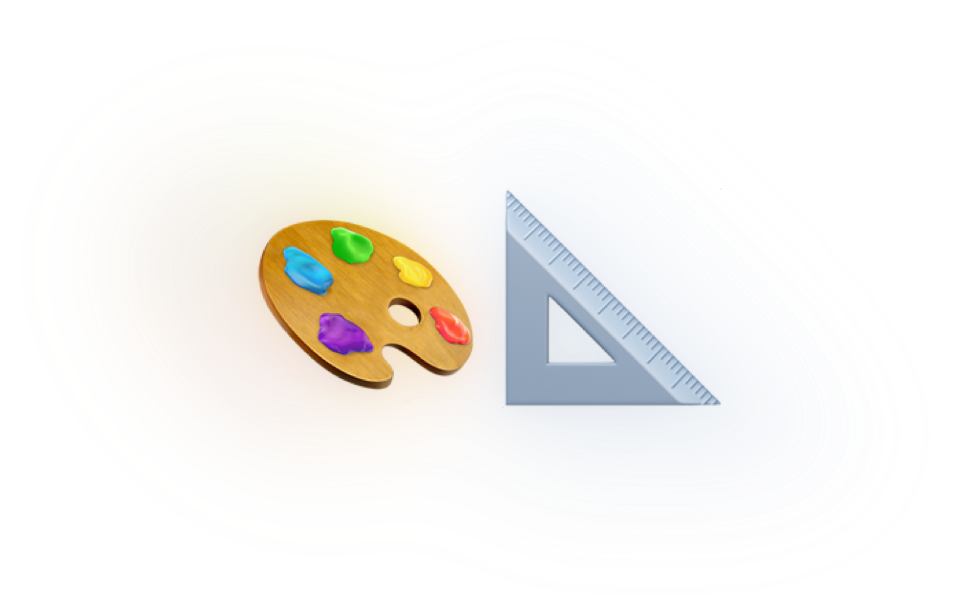 Illustration of a wooden artist palette with paint and a triangle ruler on a black background