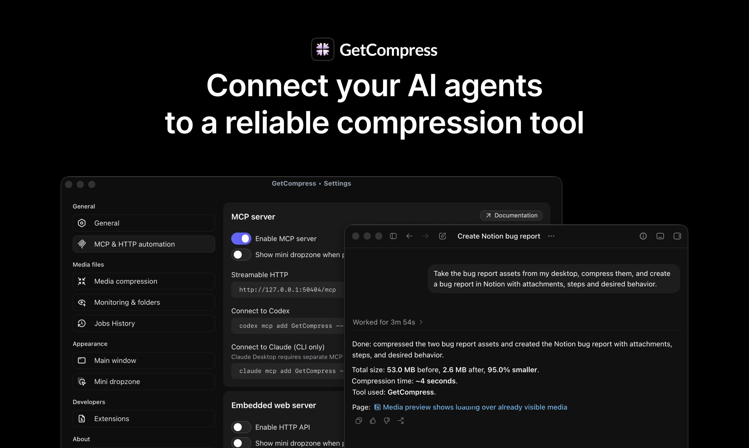 GetCompress settings window screenshot, showing how to connect any AI assistant to a media compression MCP server, and an AI assistant desktop app window over that settings window showing a chat with AI assistant where it says it used GetCompress MCP
