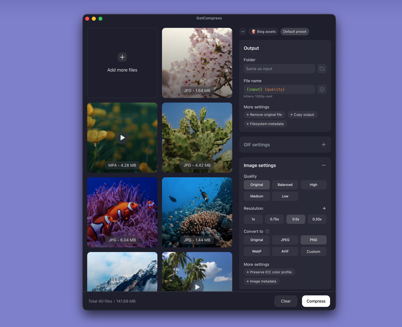 GetCompress main window with images queued and image settings open, including quality, resolution, and format options