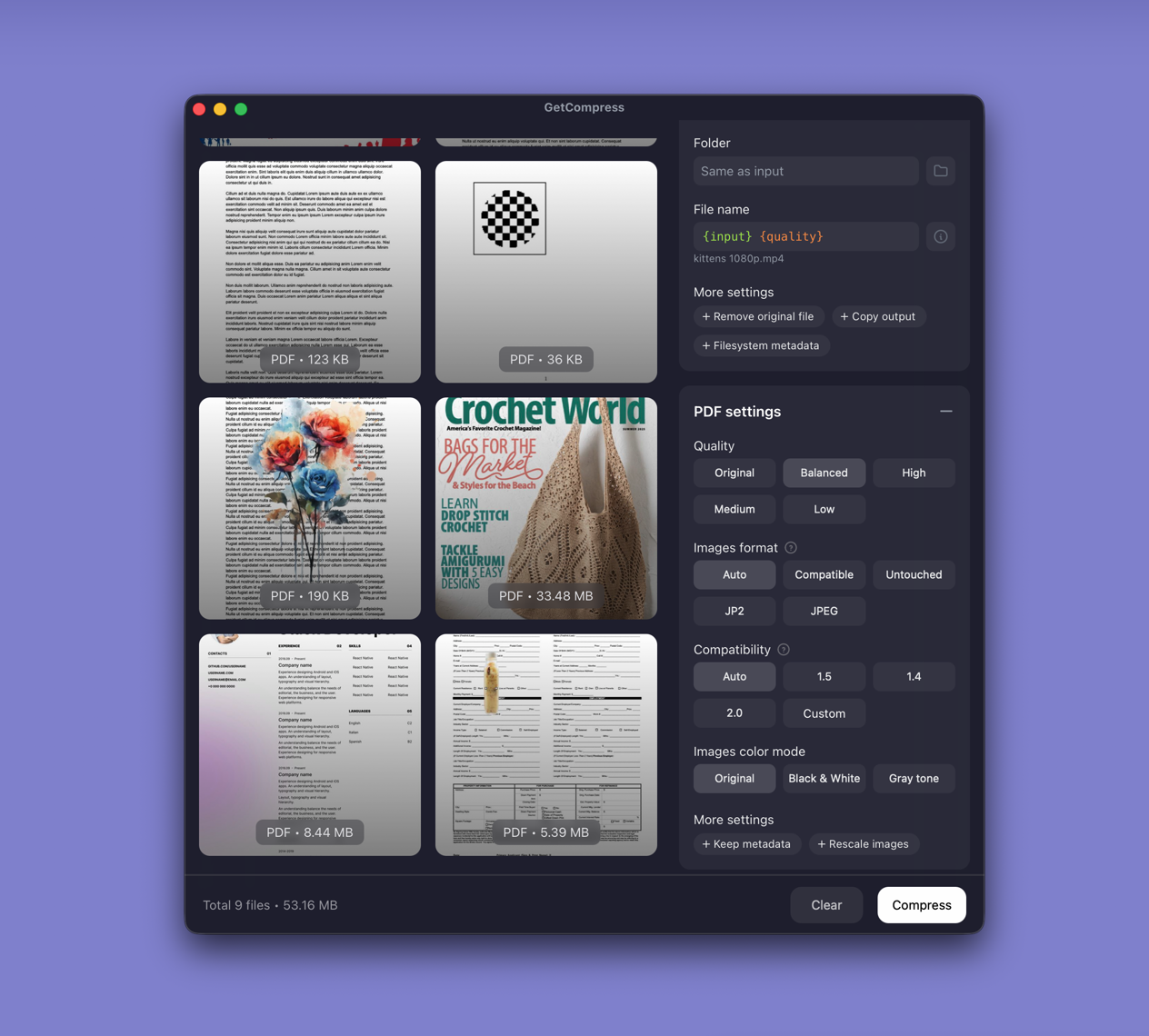 GetCompress main window with PDFs queued and PDF settings open, including quality and image format options