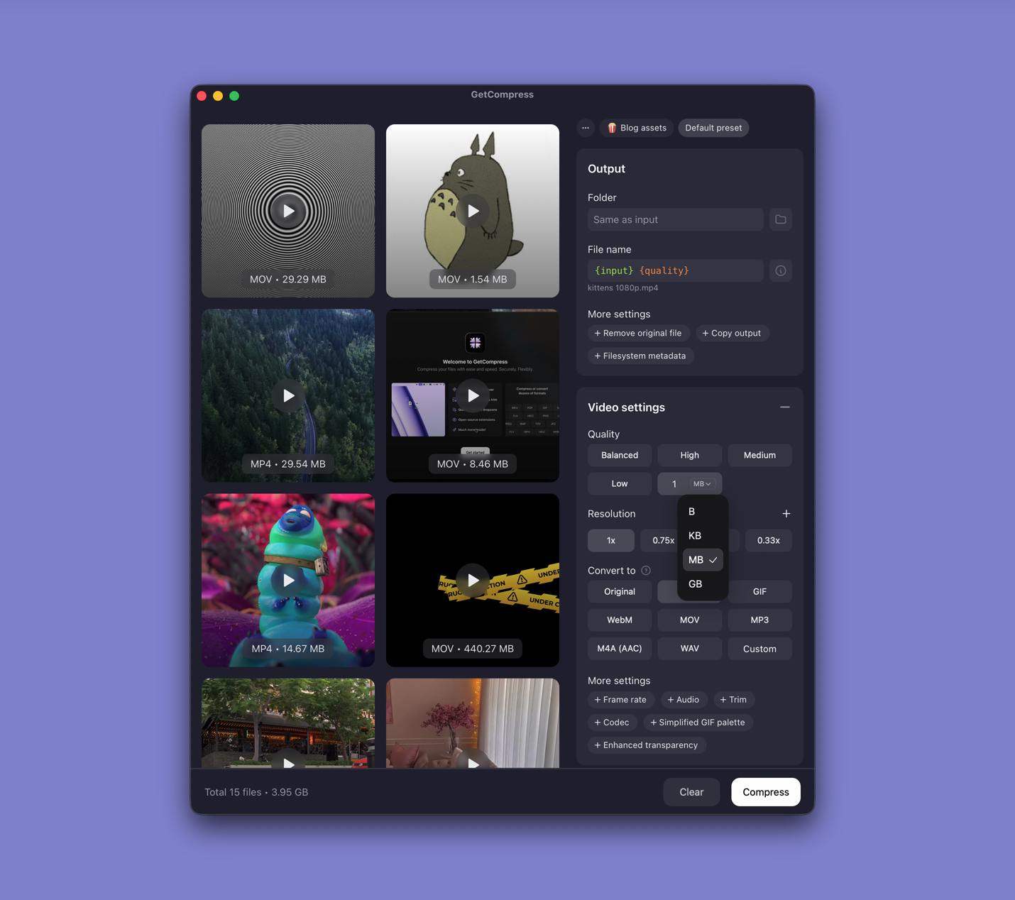 GetCompress main window with videos queued and video settings open, including quality, target size, resolution, and format options