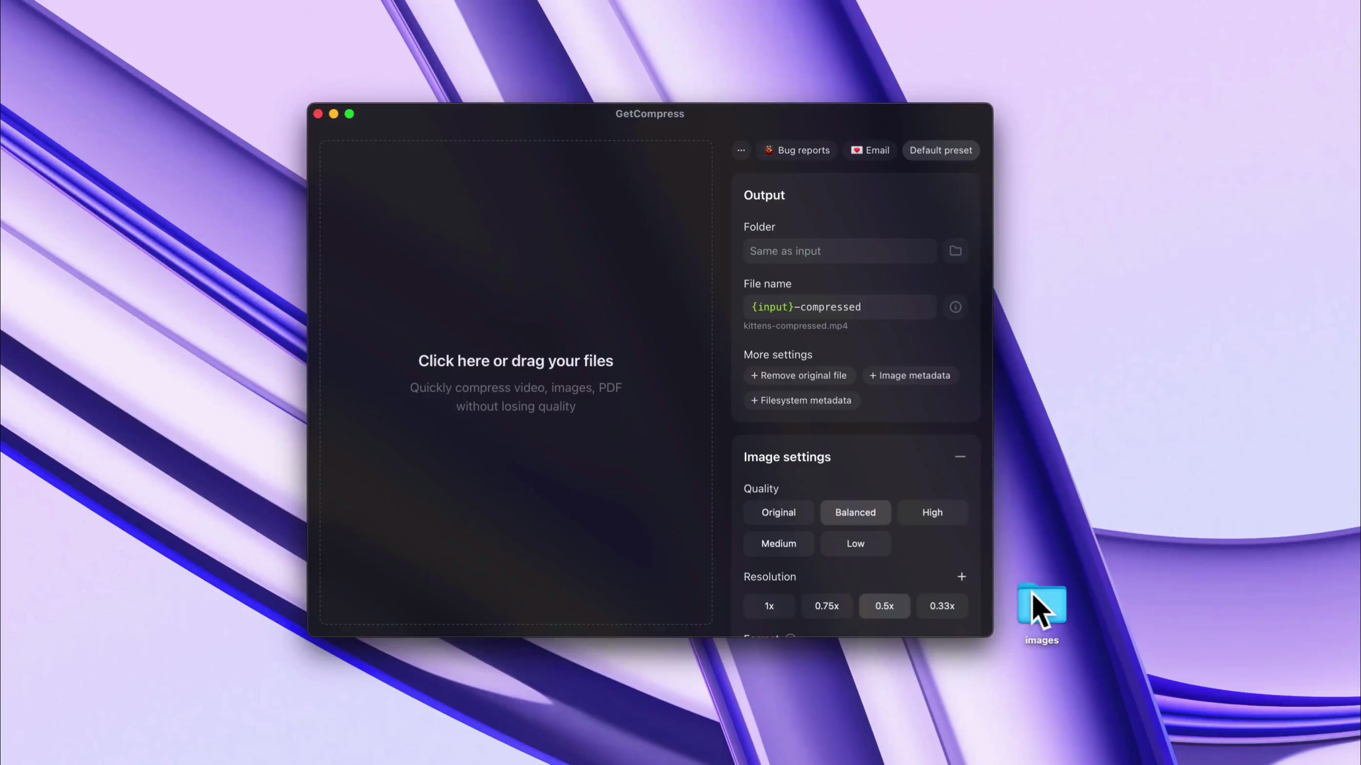 GetCompress app preview showing local media compression workflows