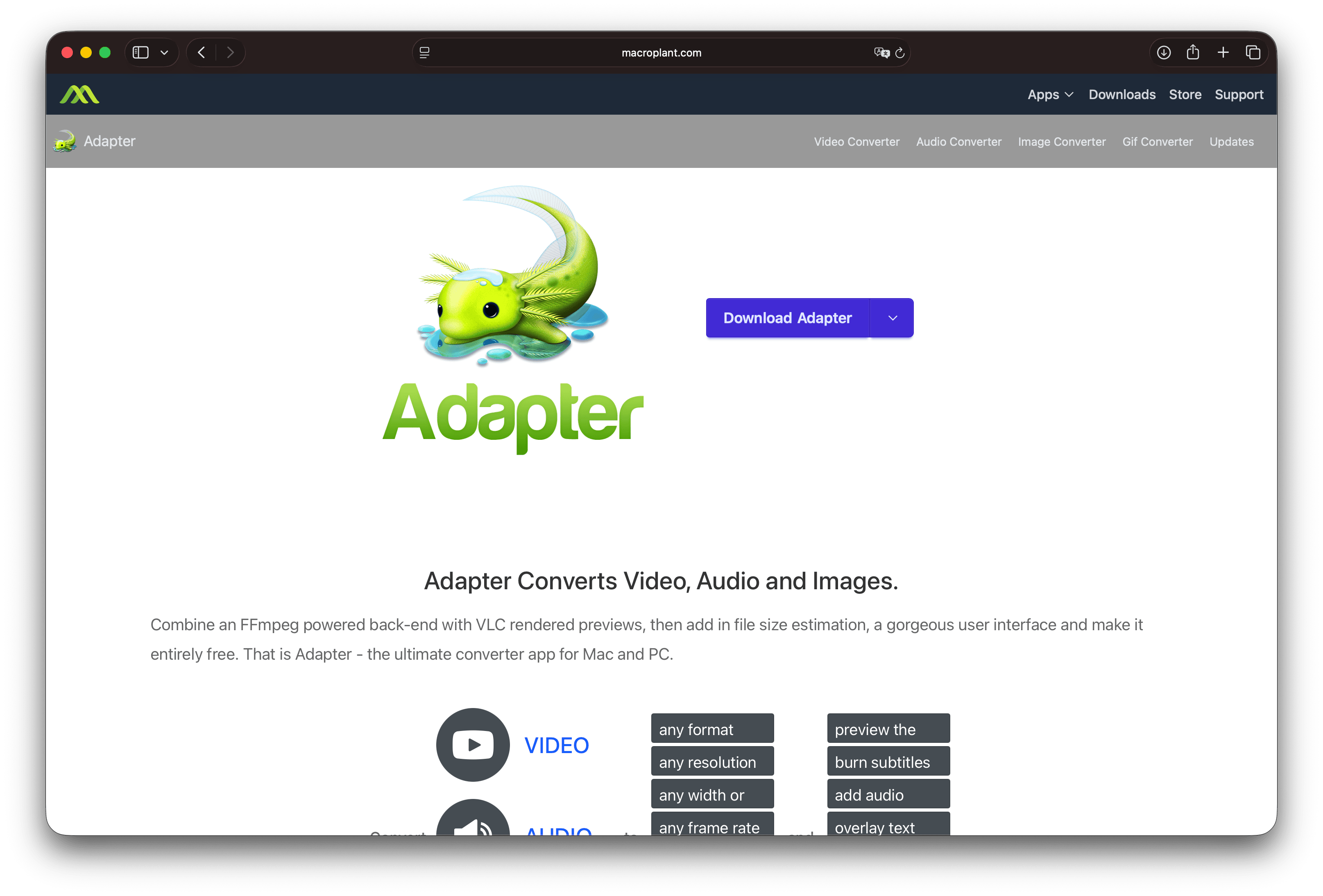 Adapter by Macroplant website homepage promoting free video, audio, and image conversion