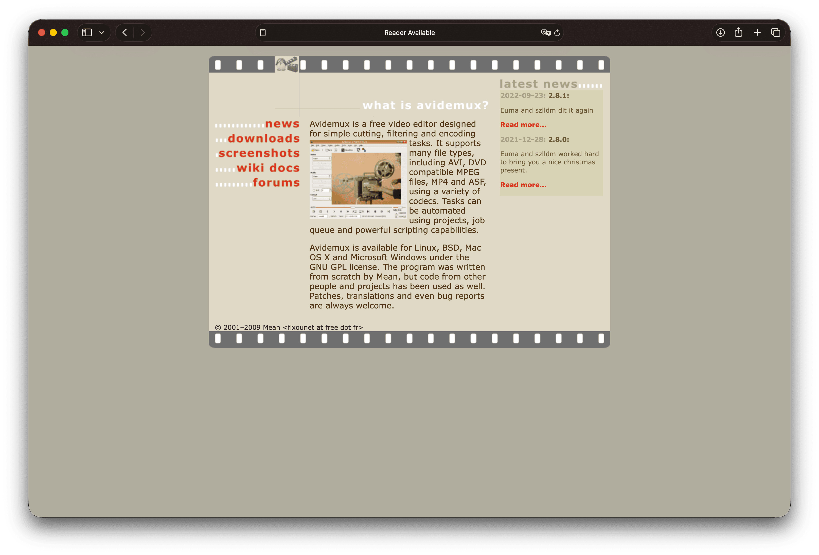 Avidemux website homepage describing free cutting, filtering, and encoding