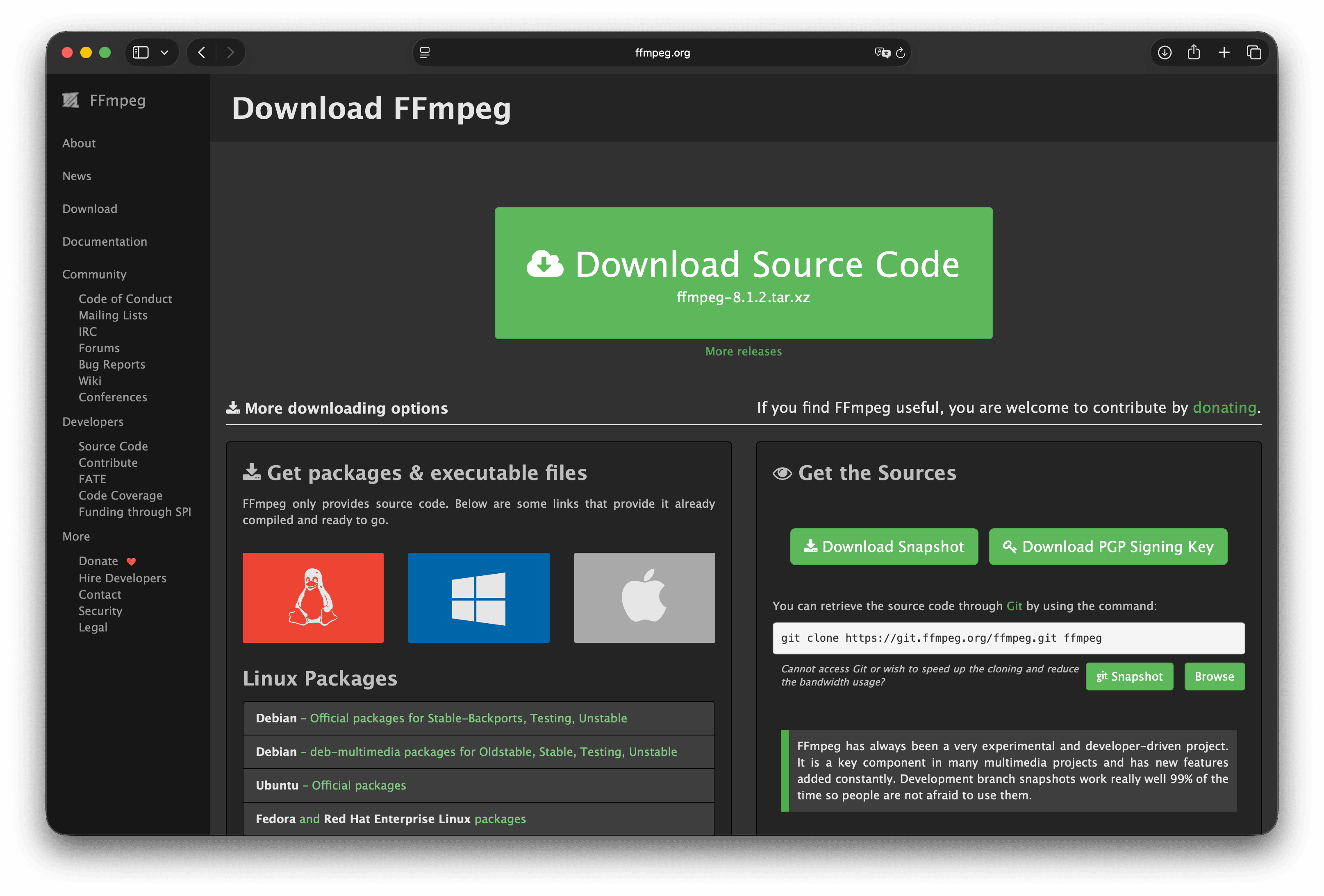 FFmpeg official download page with source code and platform package options