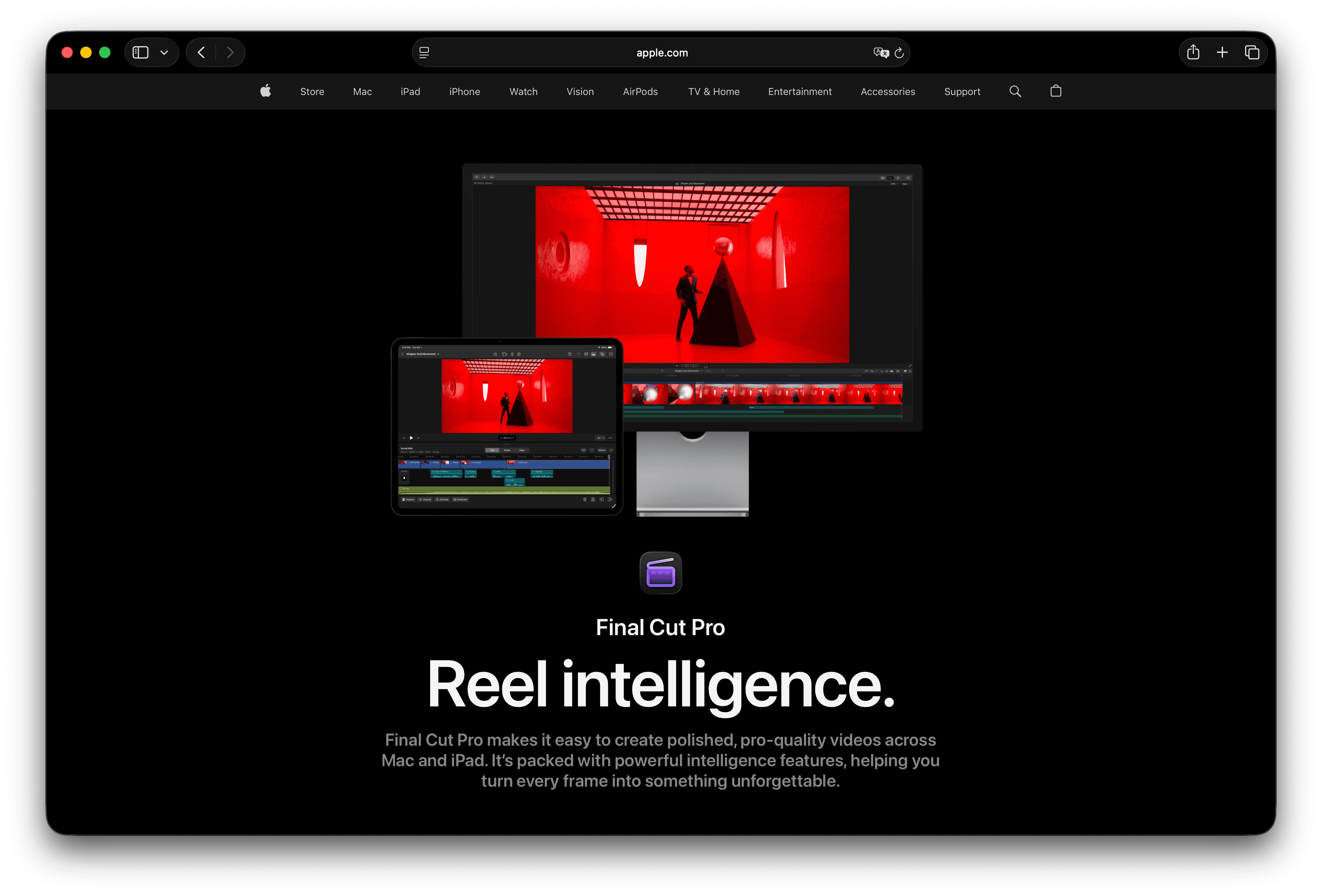 Página del producto Apple Final Cut Pro en apple.com, el ecosistema que extiende Apple Compressor para la entrega en Mac