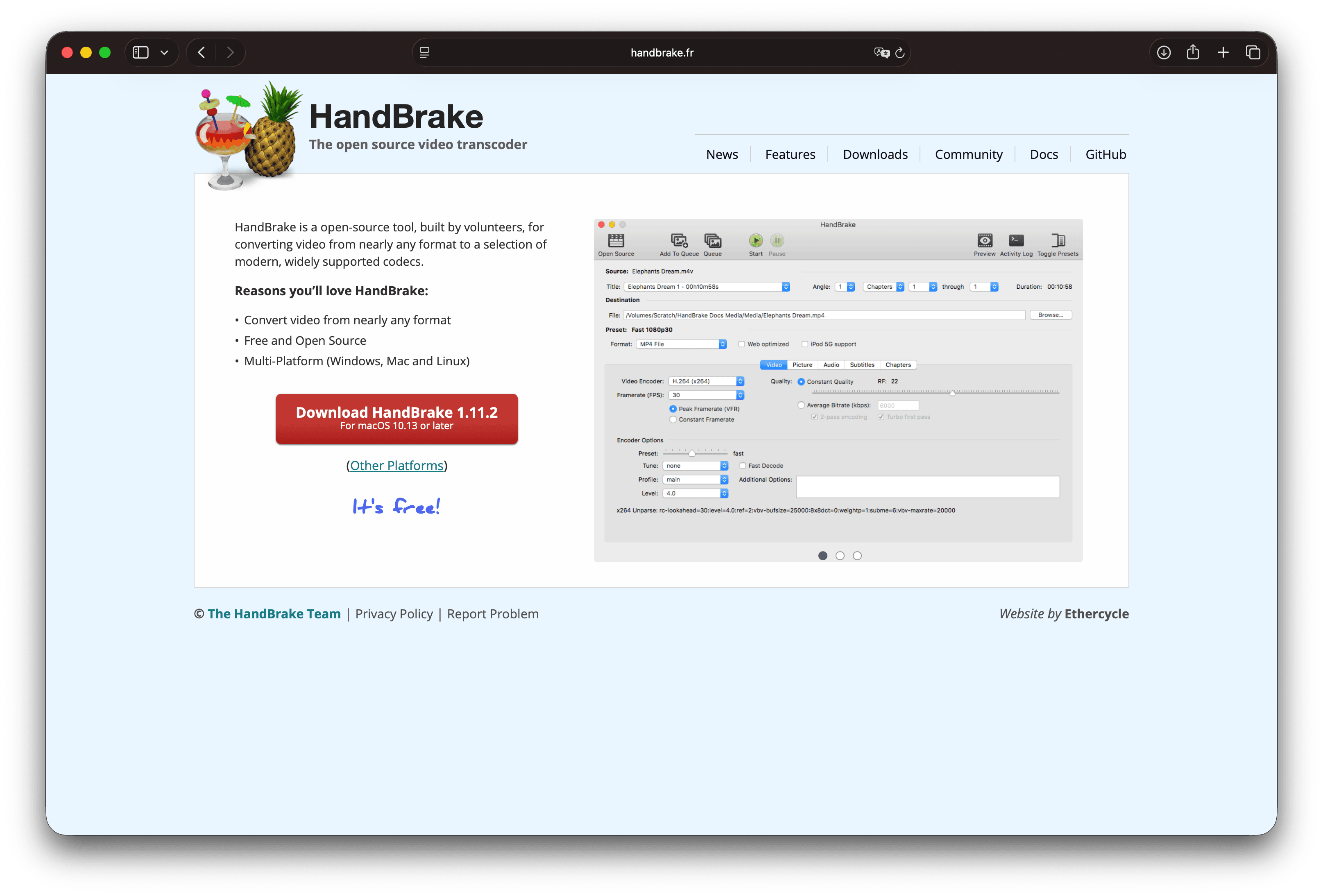 HandBrake website homepage with download options and a preview of the video transcoder interface