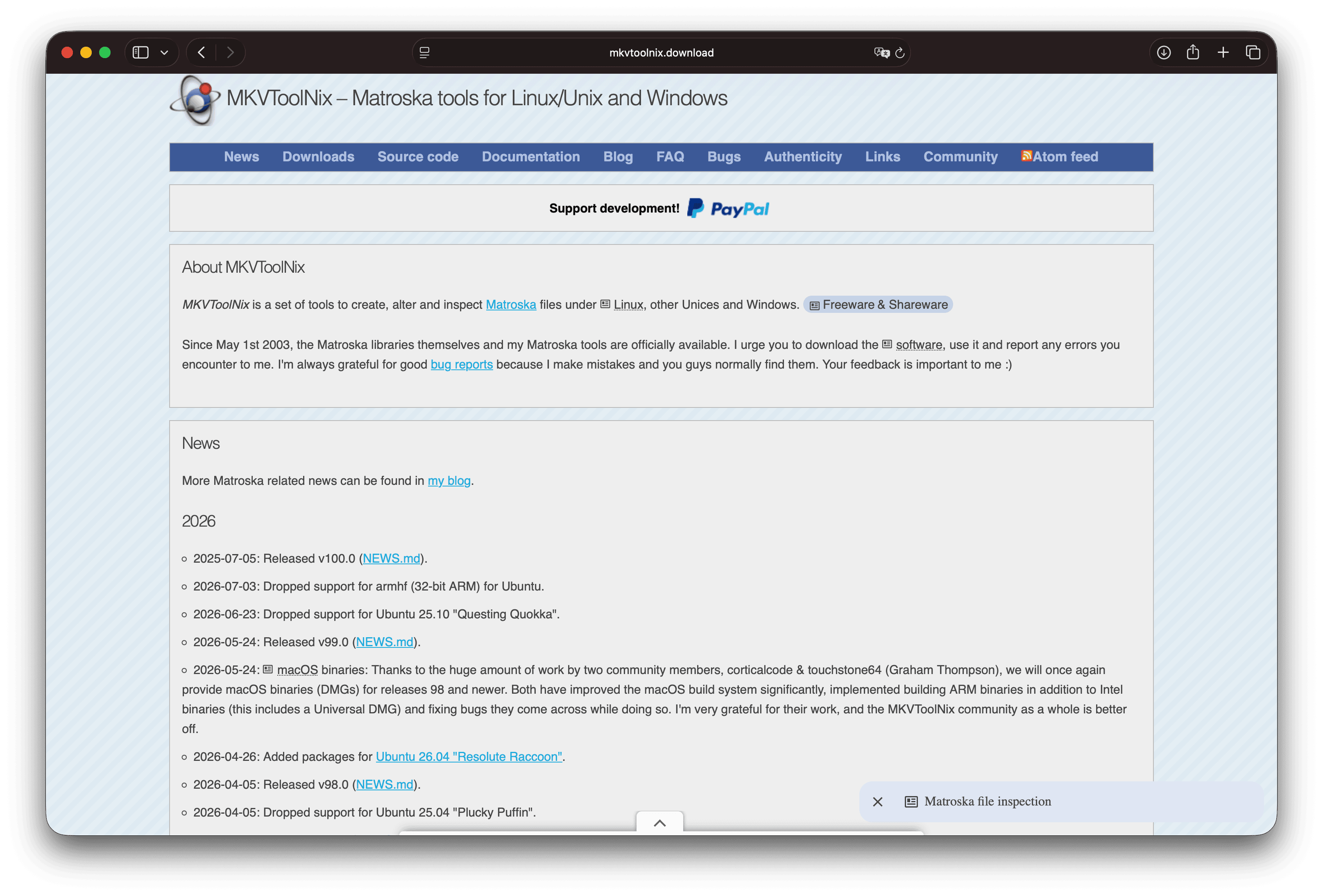 Homepage del sito MKVToolNix che descrive gli strumenti per creare, modificare e ispezionare file Matroska