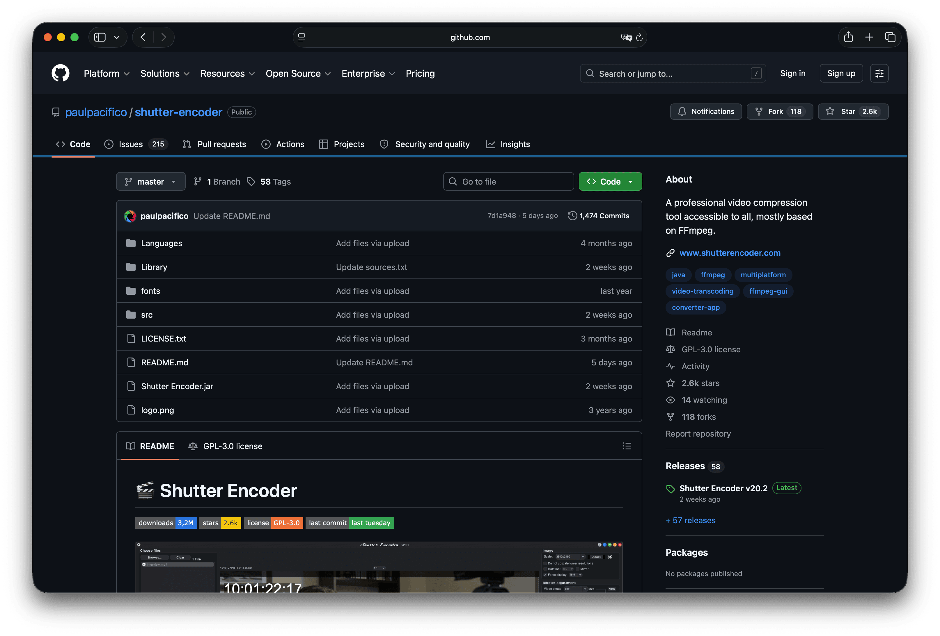 Shutter Encoder GitHub repository page describing the FFmpeg-based video conversion tool