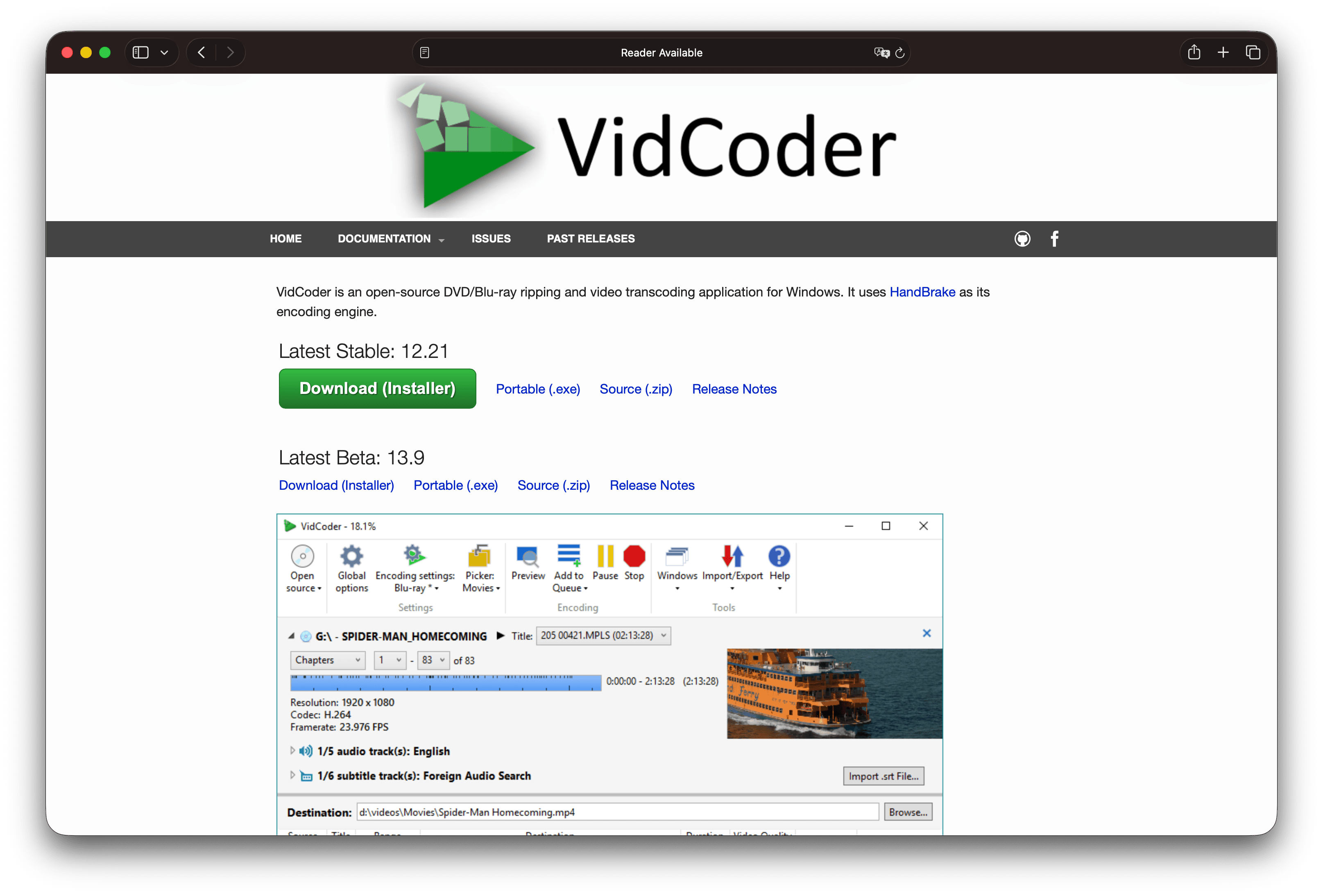 Página principal del sitio web de VidCoder con descargas para Windows y una vista previa del transcodificador basado en HandBrake
