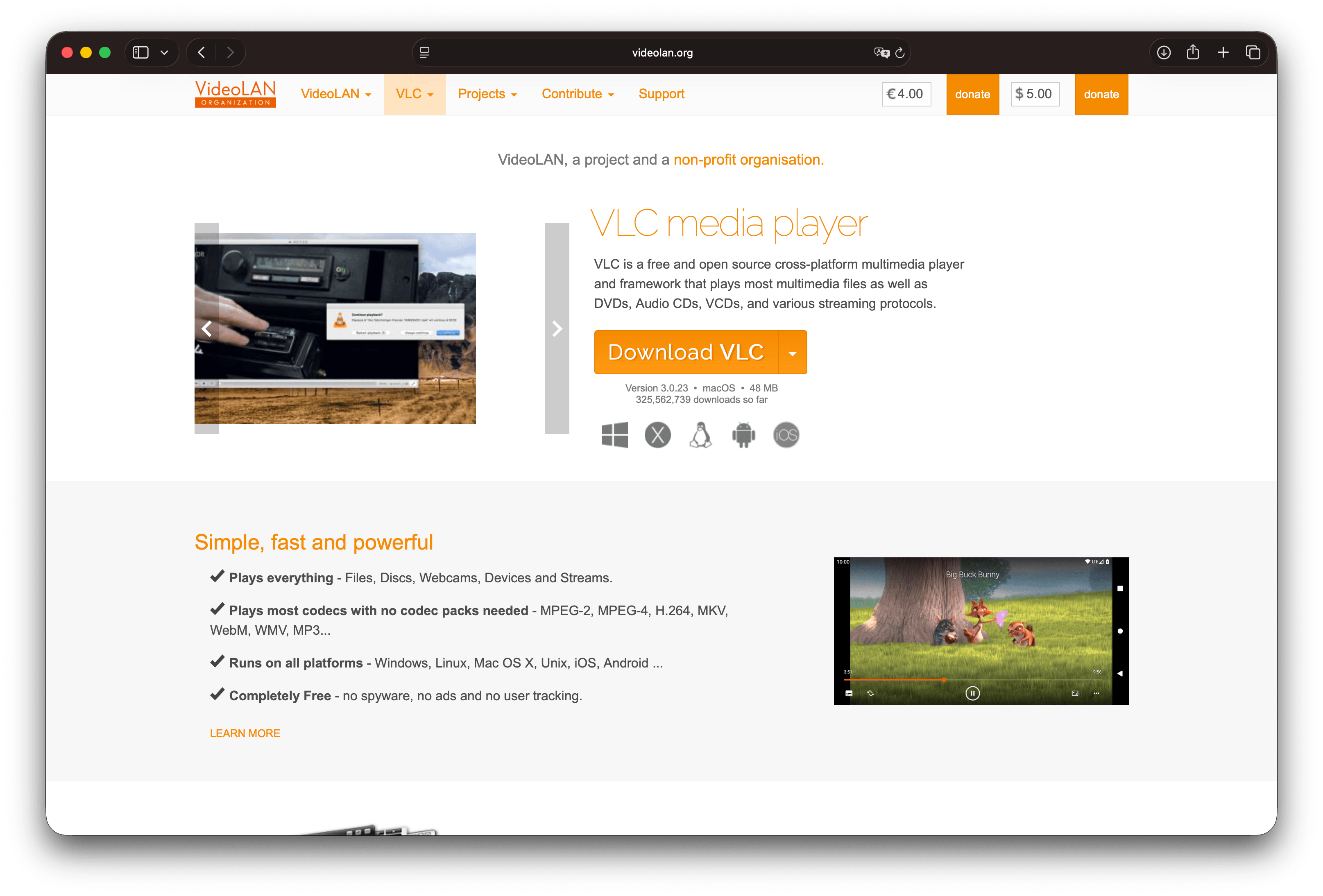 VLC media player website homepage with download button and platform icons